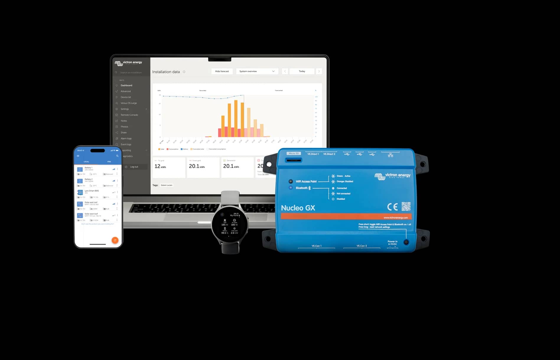 VRM-Portal und VictronConnect-App überwachen ein Nucleo GX-System