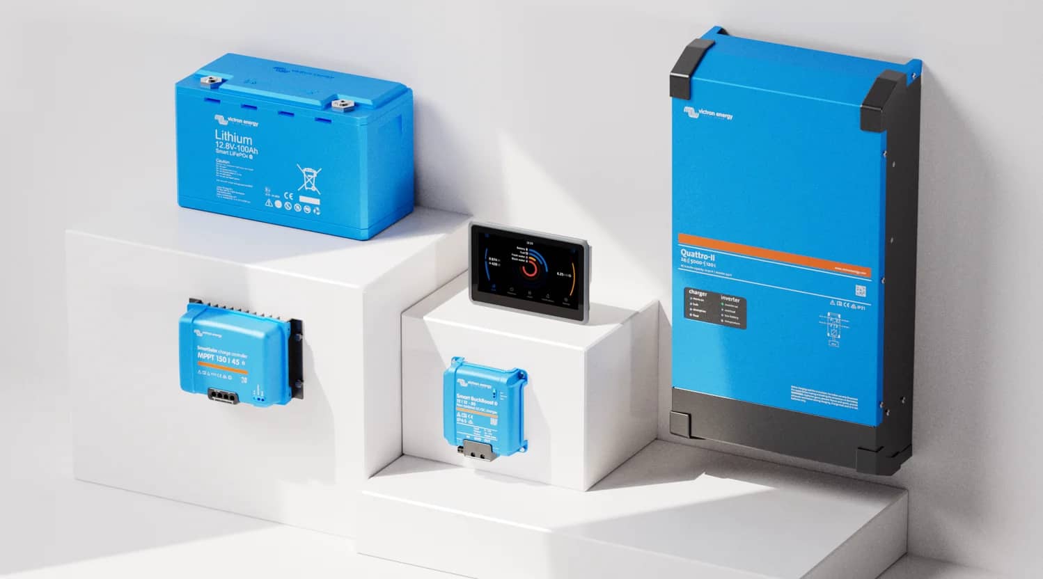 Victron-System mit Lithium-Batterie, Wechselrichter/Ladegerät, MPPT und GX-Touch-Display